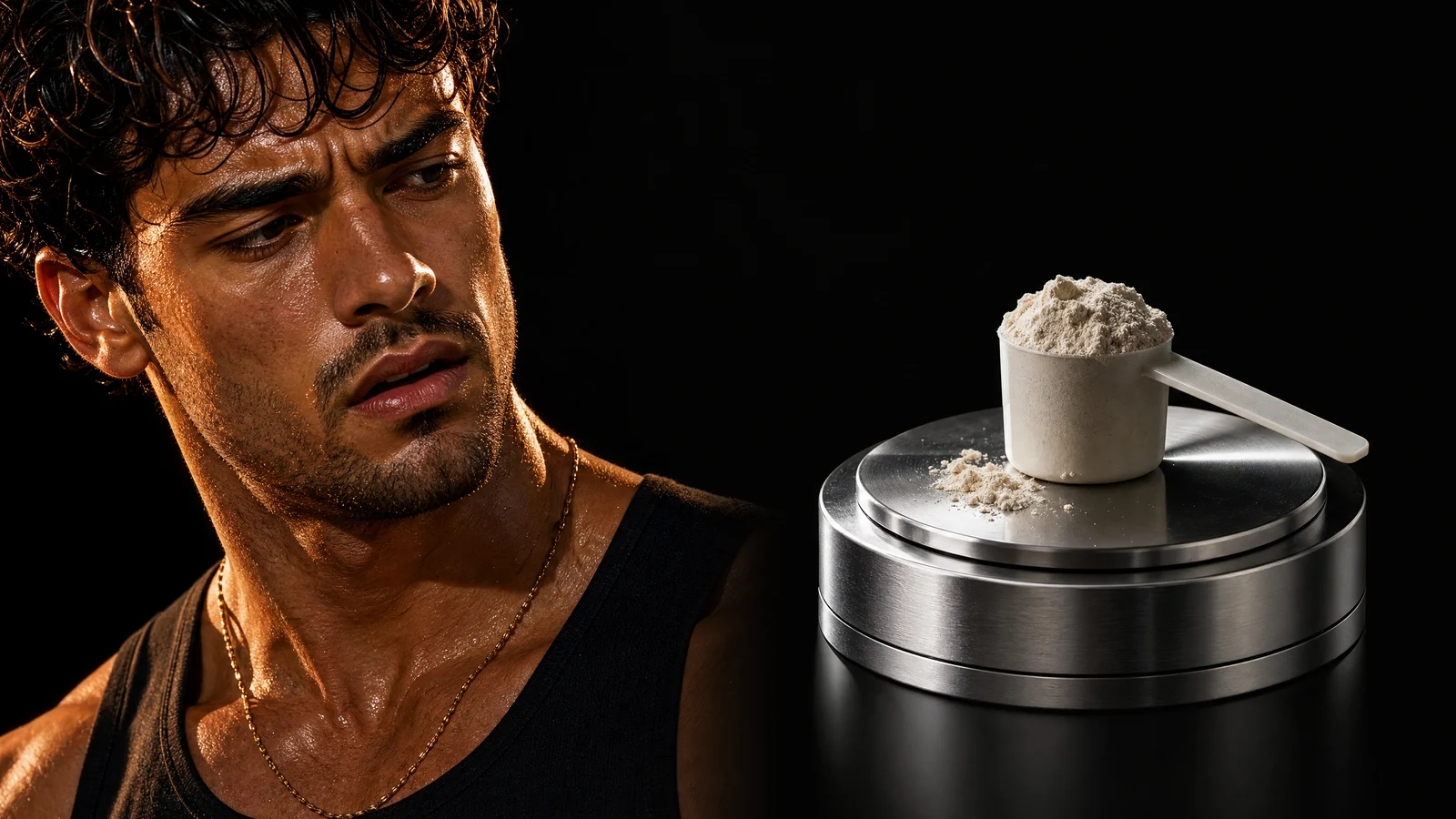 A stunned Sterling beside a protein scoop on a precise laboratory scale