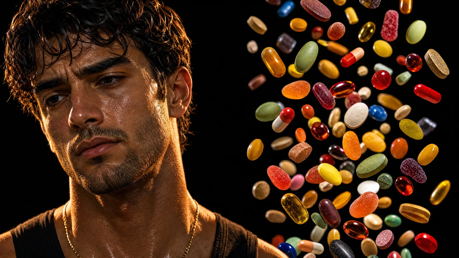 An unimpressed Sterling beside a colorful cascade of multivitamin pills