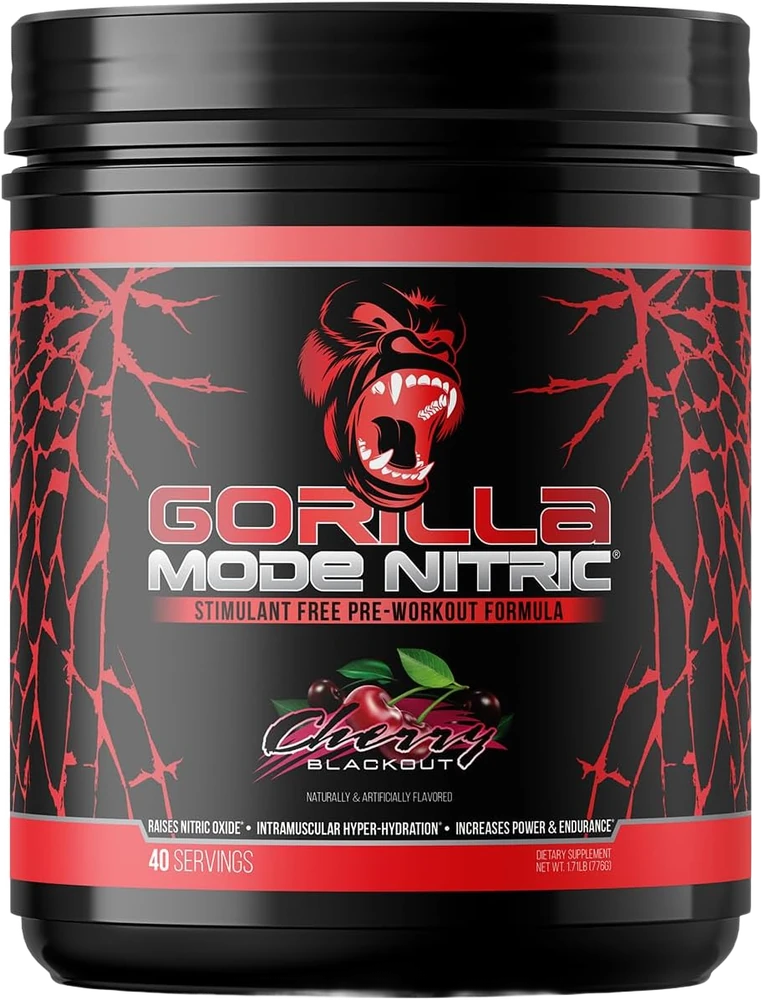 Gorilla Mind Gorilla Mode Nitric (Stimulant-Free), Cherry Blackout tub — caffeine-free 32 g nitric-oxide pump stack
