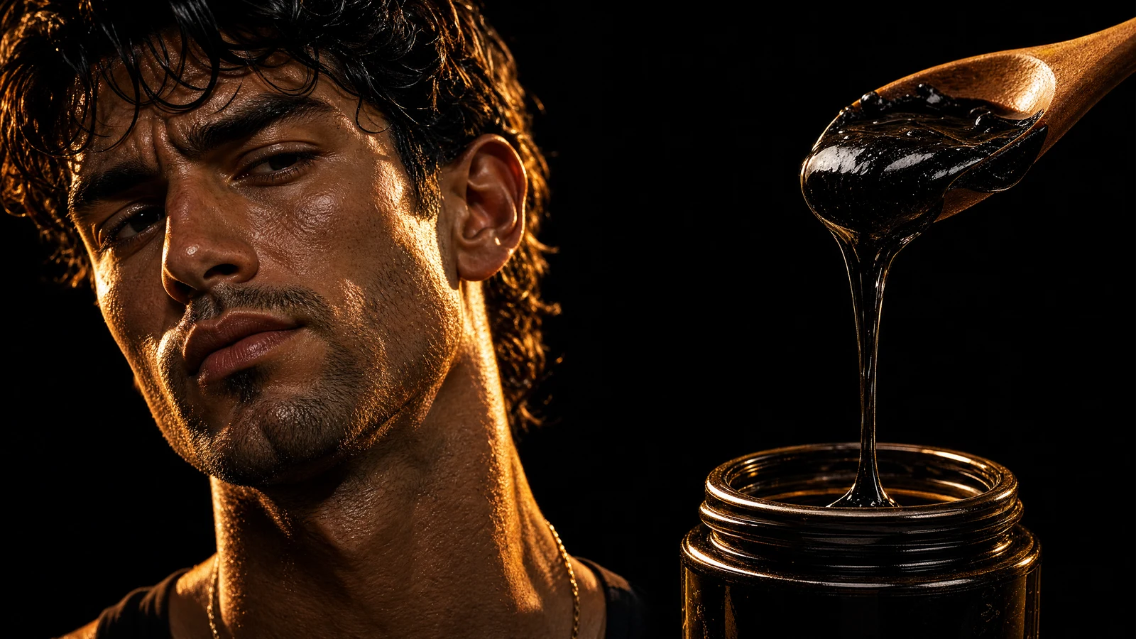 Sterling studies black shilajit resin dripping from a spoon into a dark jar