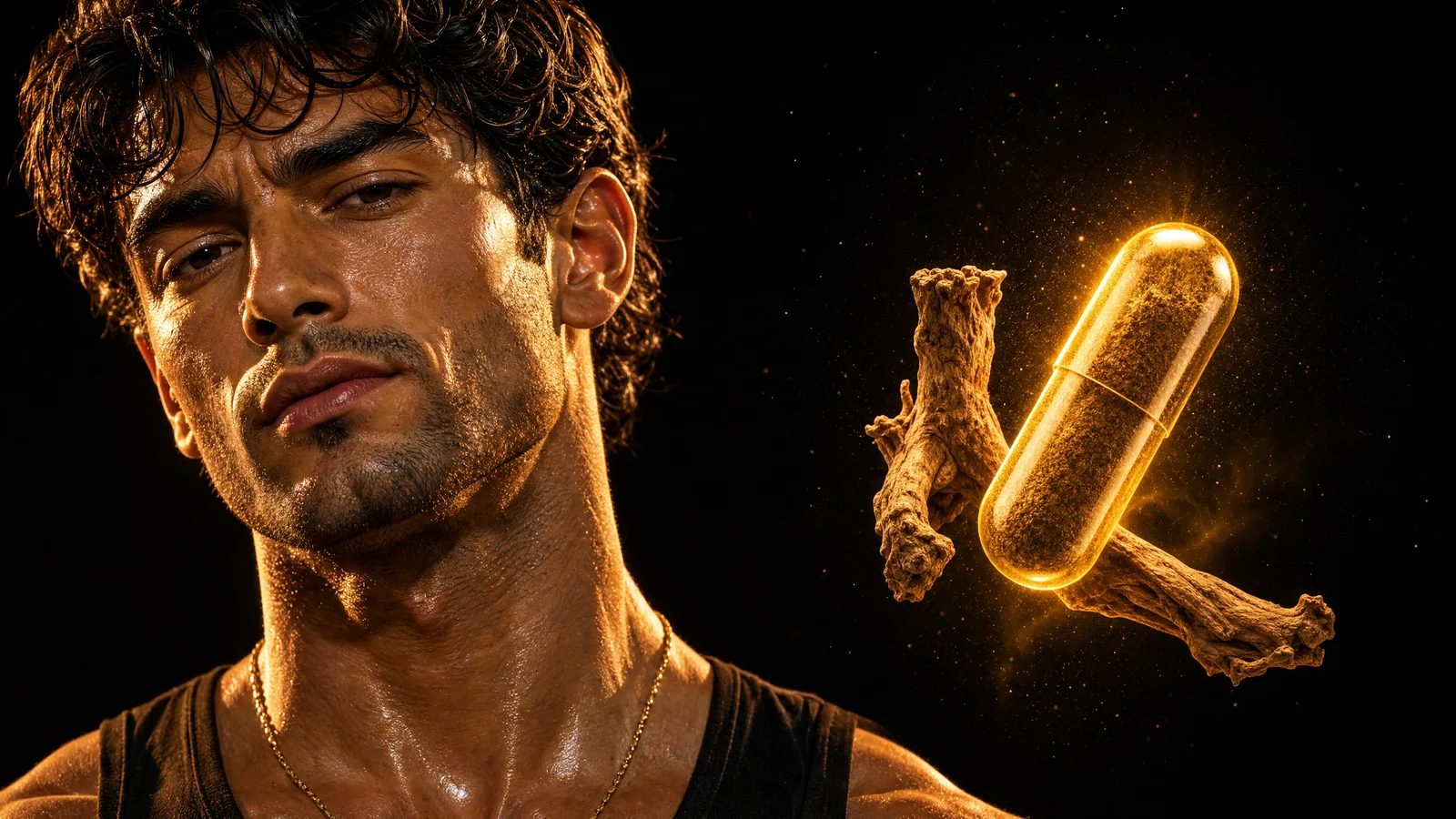 A confident Sterling beside a glowing golden capsule and tongkat ali root