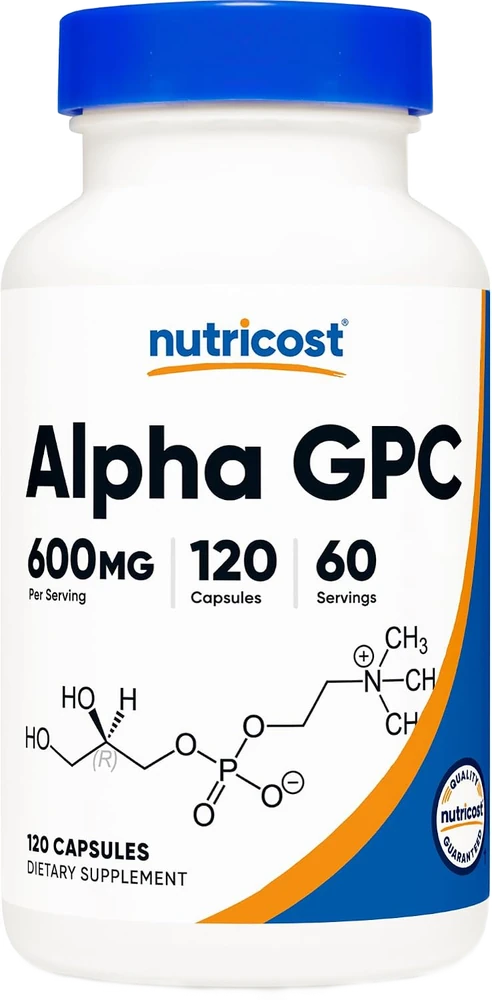 Nutricost Alpha-GPC 600 mg, 60 capsules — bottle on a gym bench in the SAC training scene