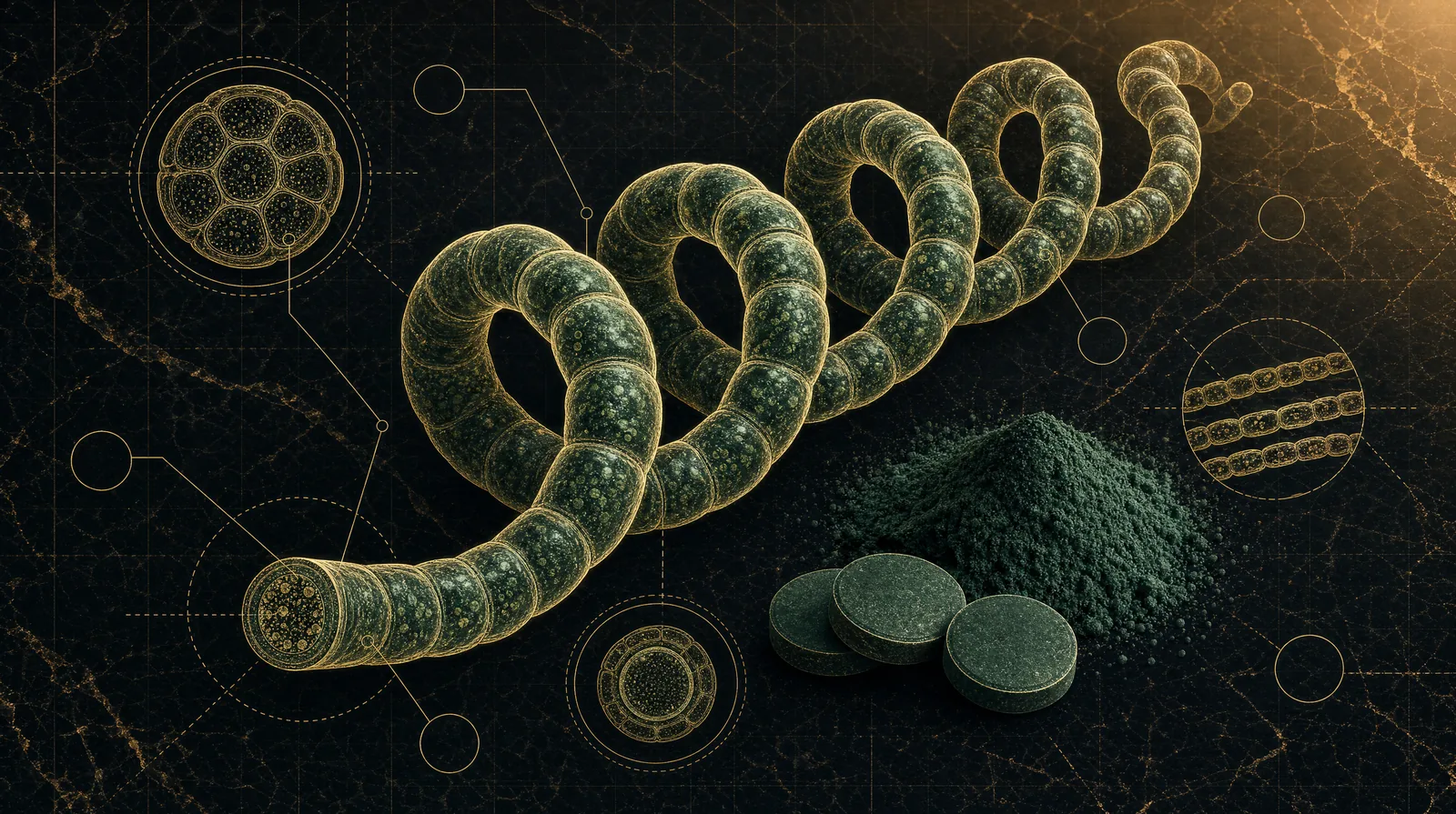 How Spirulina Works — illustrated blueprint
