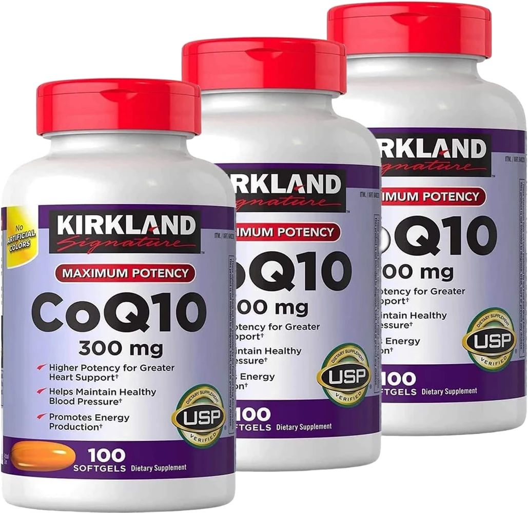 Three bottles of Kirkland Signature CoQ10 300 mg, 100 softgels each, in the SAC penthouse scene