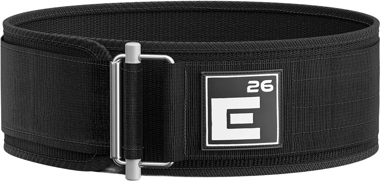 Element 26 self-locking nylon weightlifting belt, black, with steel roller buckle and velcro strap — from Amazon listing