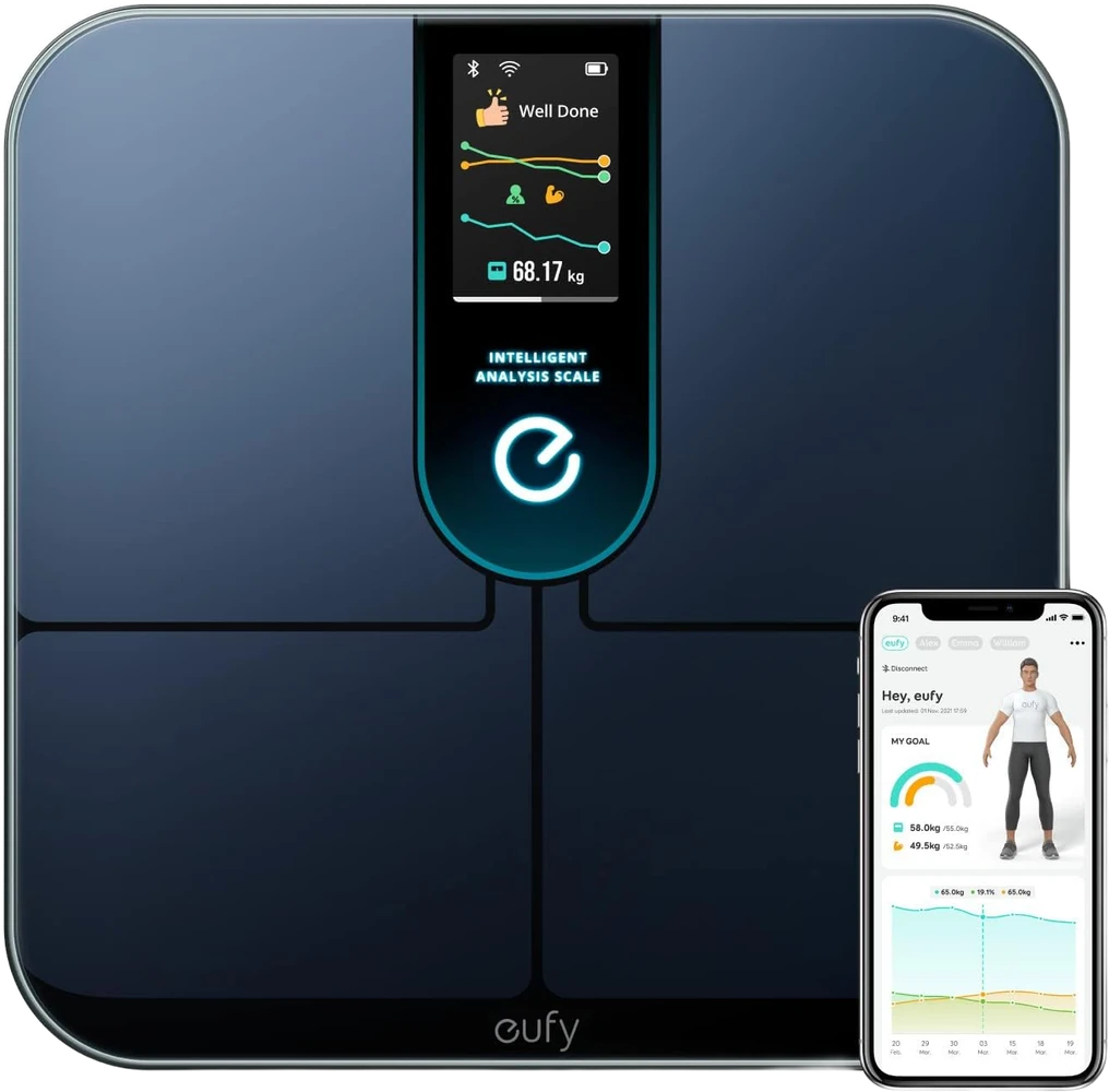 eufy Smart Scale P3 with large color display and white tempered-glass platform — from Amazon listing