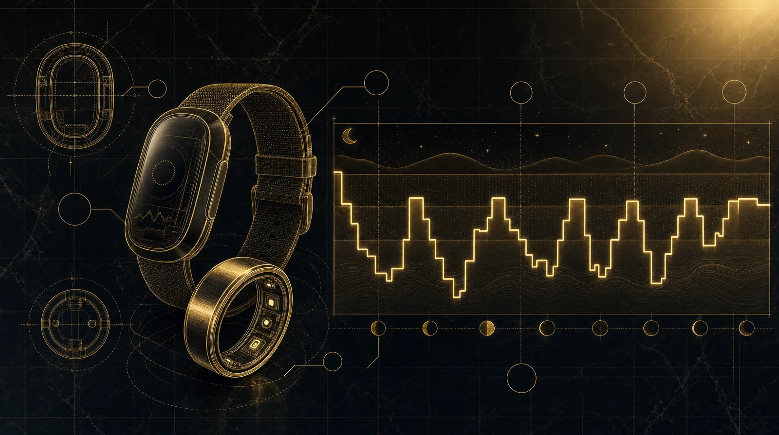 How a wearable estimates your sleep (and where it slips) — illustrated blueprint