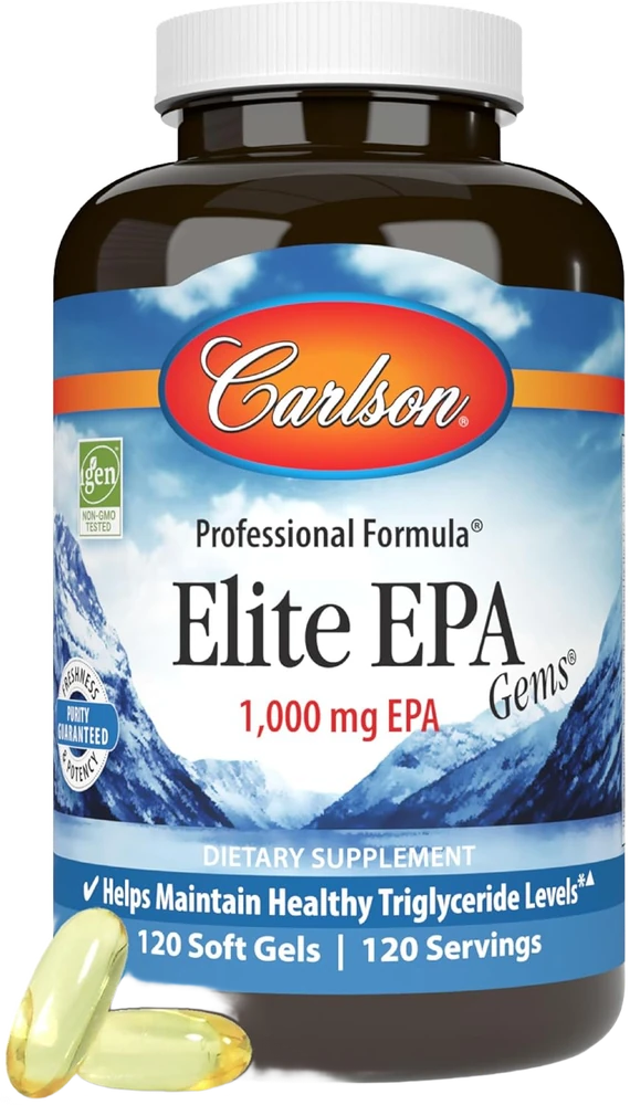 Carlson Elite EPA Gems 1,000 mg, 120 softgels — high-EPA bottle in the SAC luxe-interior scene