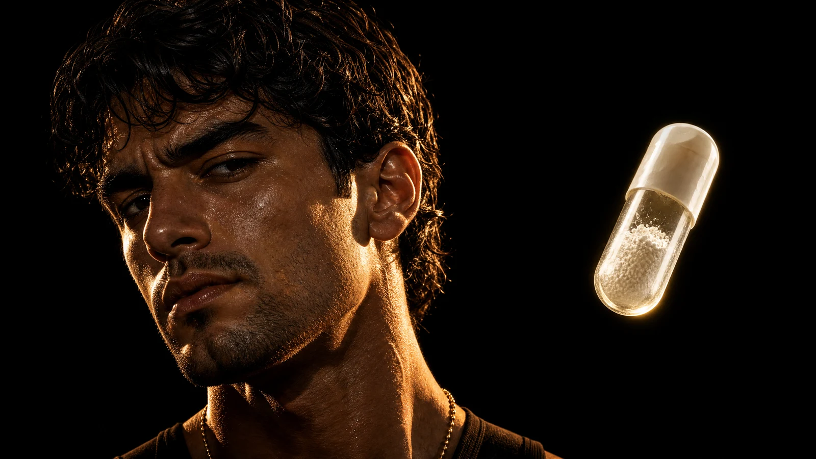 Sterling eyes a single glowing magnesium capsule against pure black