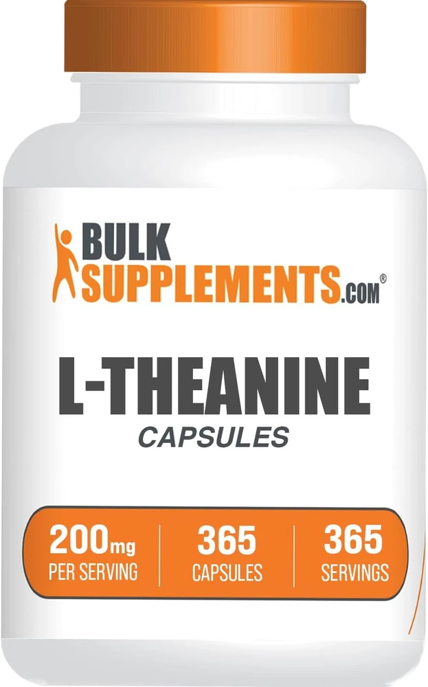 BulkSupplements.com L-Theanine 200 mg bottle, 365 capsules — bulk value from Amazon listing