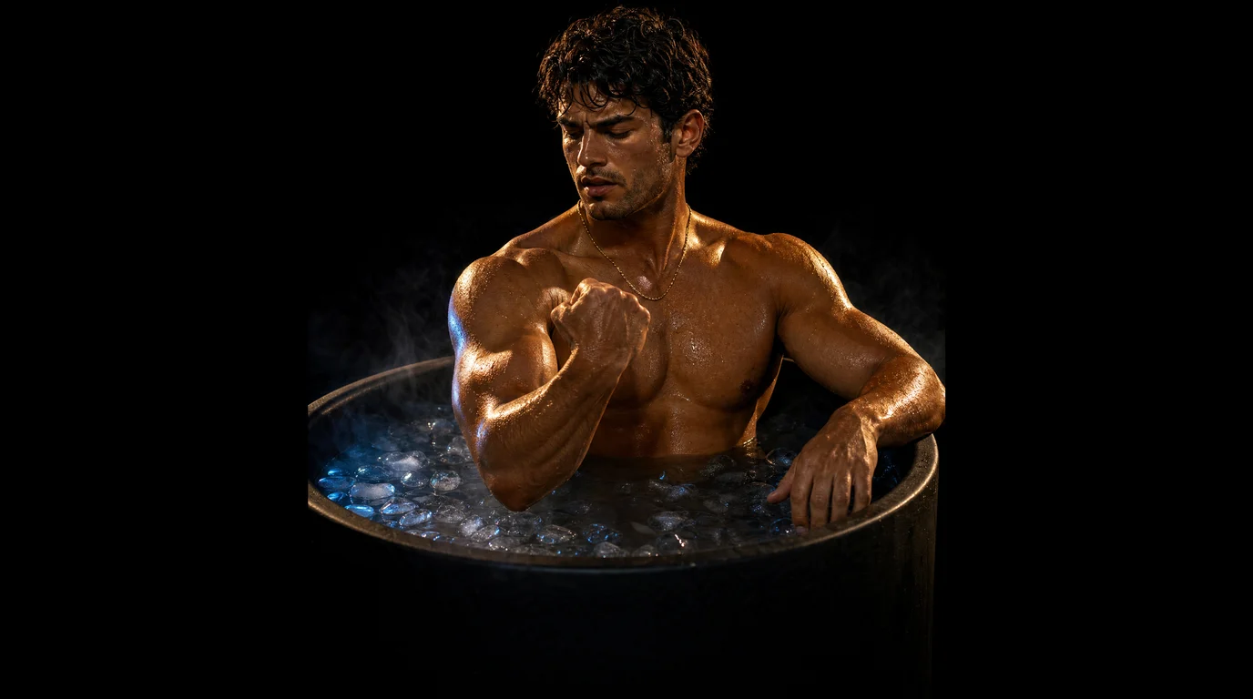 A muscular man lit in gold sits waist-deep in an ice bath full of floating ice, looking at his flexed arm with a worried frown, on pure black