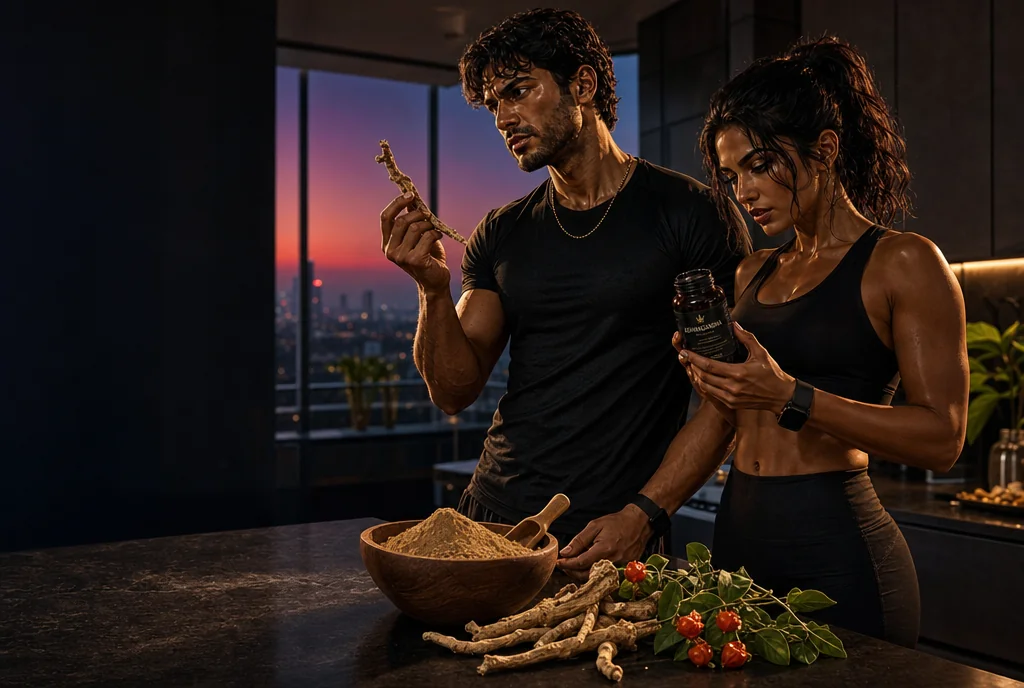 Two Super Achievers inspecting ashwagandha root and powder in a dark-luxe penthouse — the honest safety picture, checked against the evidence
