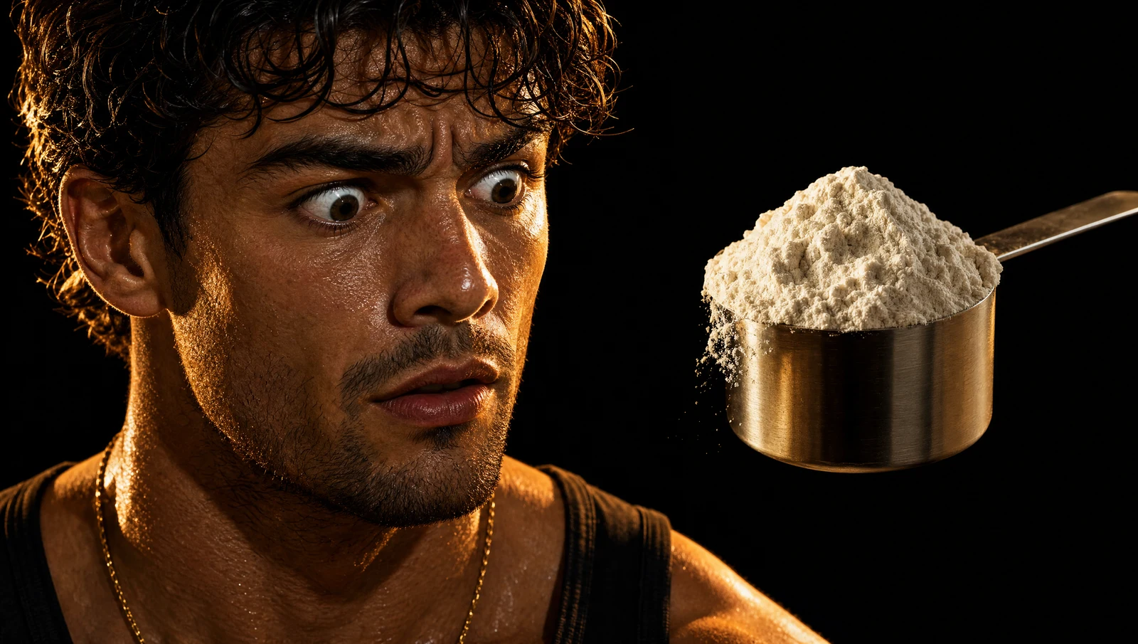 A surprised Sterling beside a plain scoop heaped with protein powder on black
