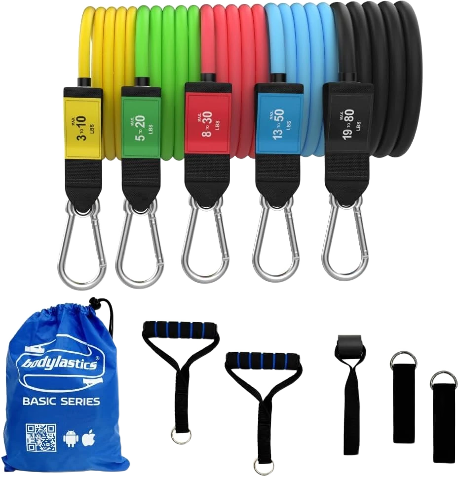 Bodylastics Basic Series resistance band set with foam handles, ankle straps, door anchor and color-coded clip tubes — from Amazon listing