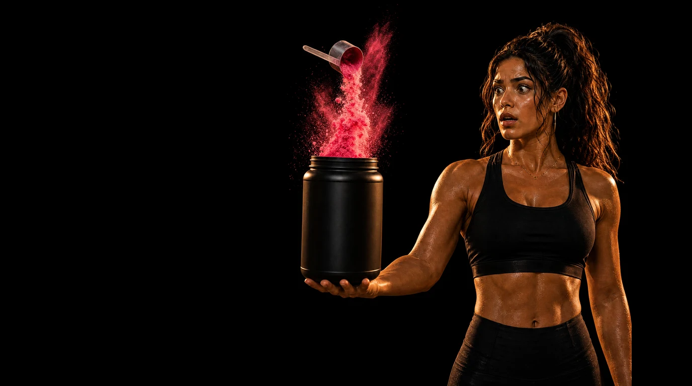 A startled woman lit in gold holds out a plain black supplement tub while bright pink pre-workout powder spills from a scoop on pure black