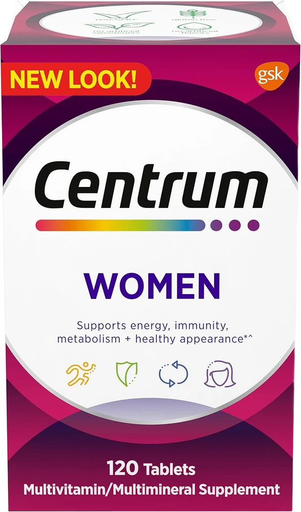 Centrum Women Multivitamin bottle — 120 tablets, mainstream women's one-a-day formula