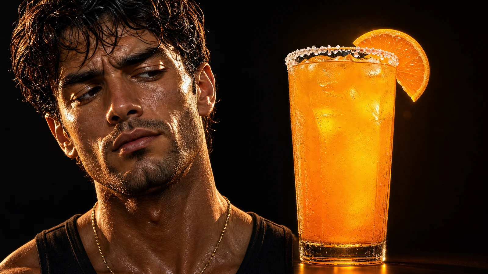 Sterling looks skeptically at a salt-rimmed orange cortisol cocktail