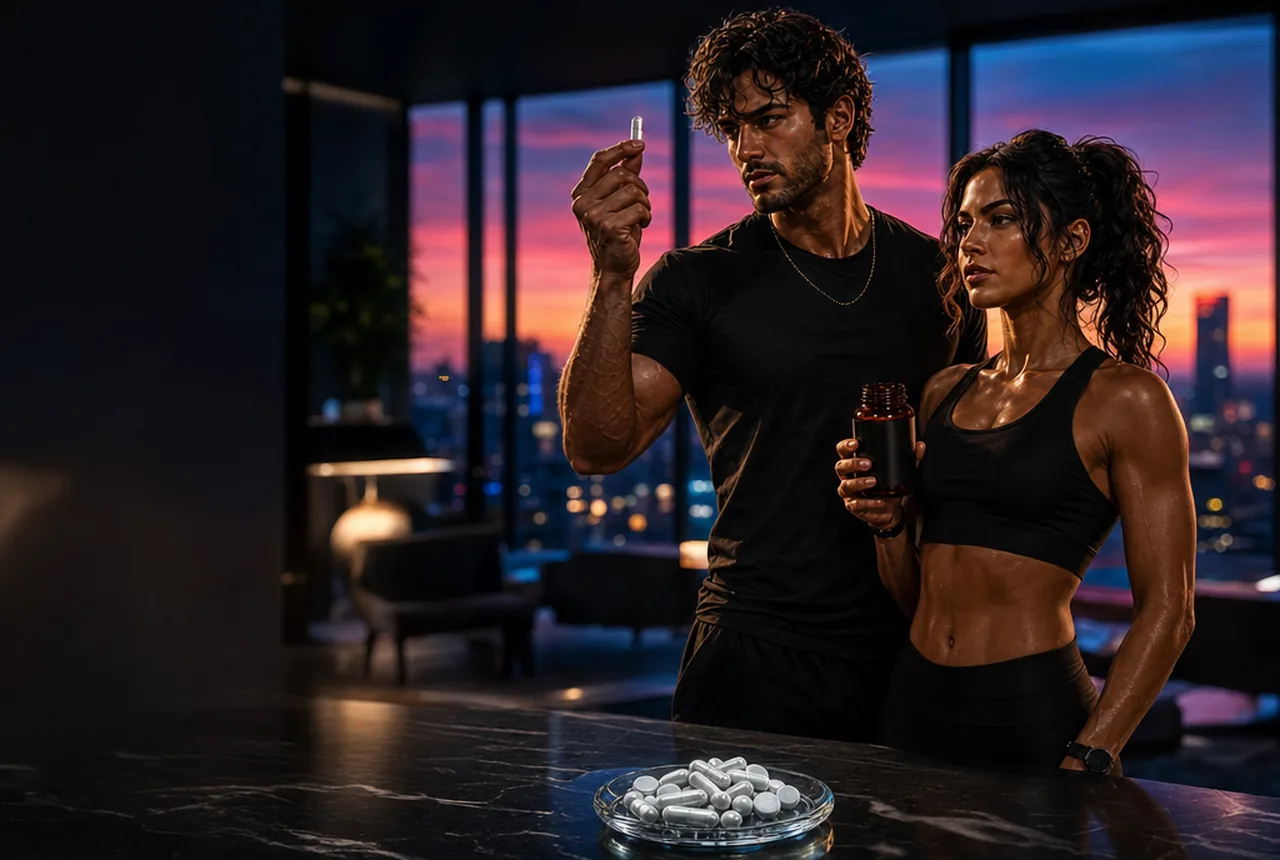 Two Super Achievers in a dark-luxe penthouse at dusk — zinc, the trace mineral for testosterone, skin and immunity