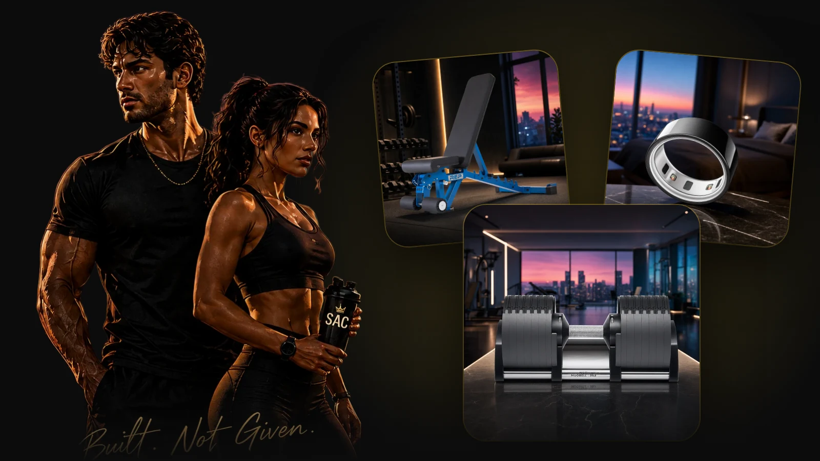 The two Achievers beside the top-ranked weight bench, sleep ring and adjustable dumbbells on black