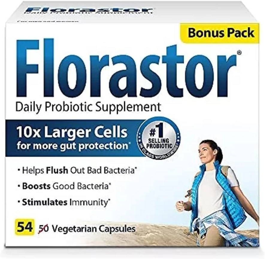 Florastor Daily Probiotic bottle, 50 capsules — Saccharomyces boulardii CNCM I-745 yeast probiotic from the Amazon listing
